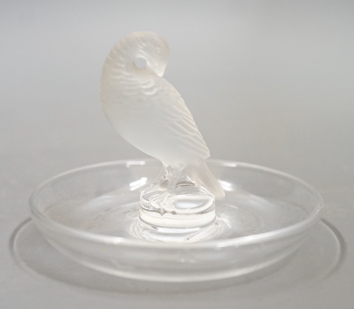 A post war Lalique glass dish with bird finial 10 cm
